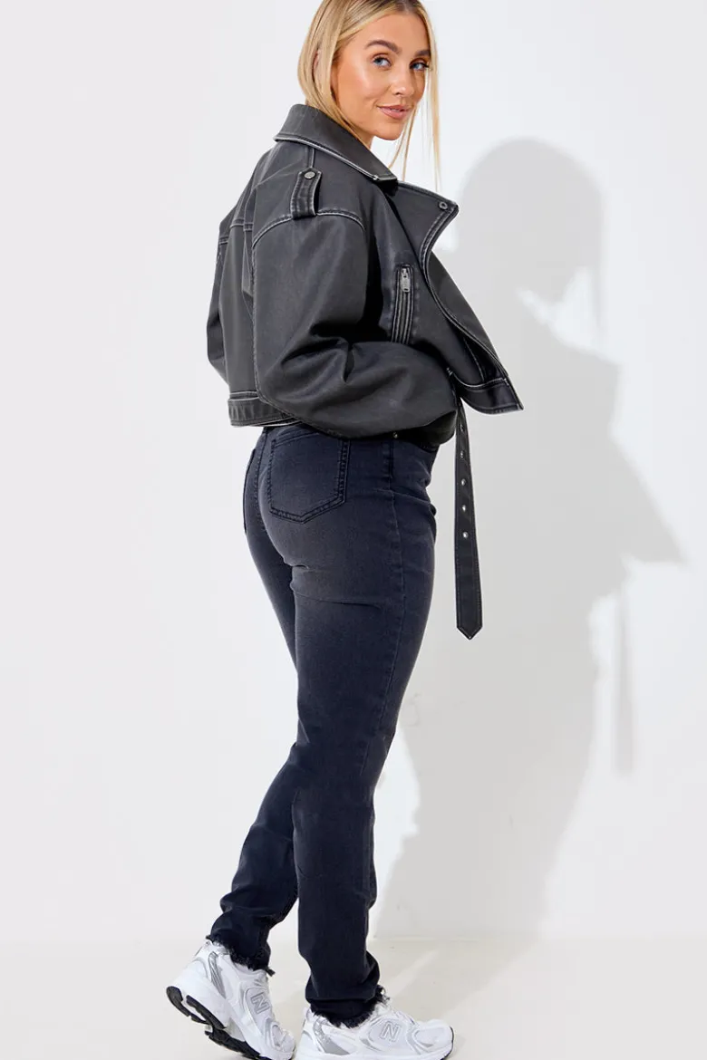 Acid Wash Straight Leg Split Hem Jeans