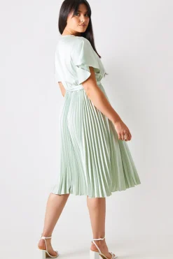 Angel Sleeve Pleated Wrap Midi Dress