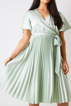 Angel Sleeve Pleated Wrap Midi Dress