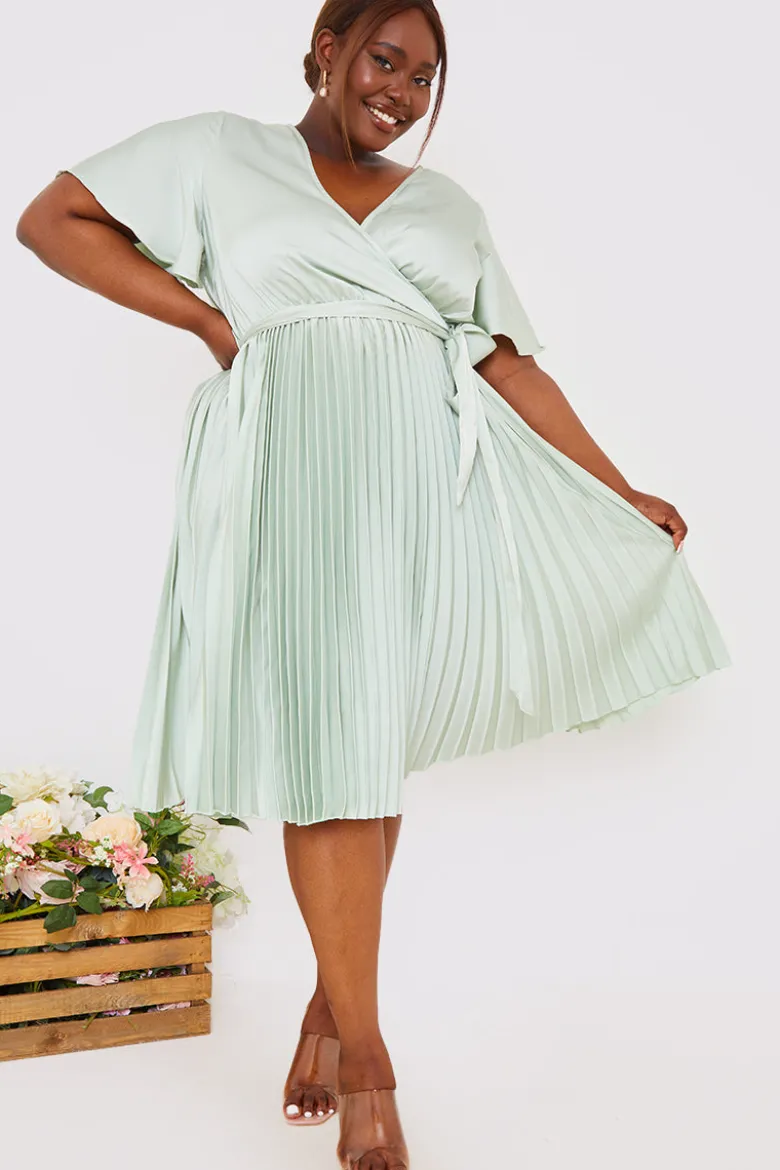 Angel Sleeve Pleated Wrap Midi Dress