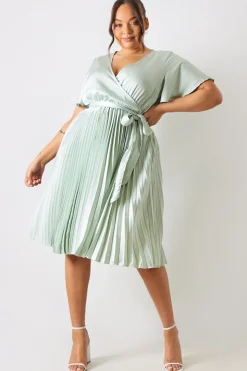 Angel Sleeve Pleated Wrap Midi Dress