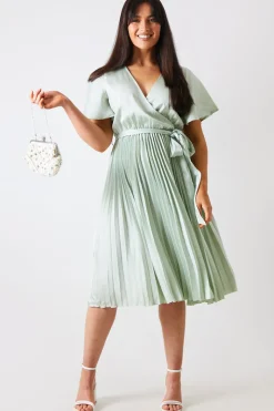 Angel Sleeve Pleated Wrap Midi Dress