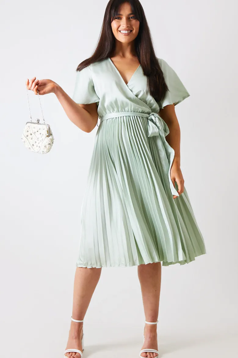 Angel Sleeve Pleated Wrap Midi Dress