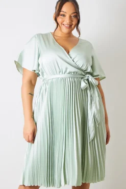 Angel Sleeve Pleated Wrap Midi Dress