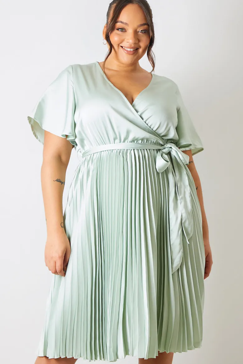 Angel Sleeve Pleated Wrap Midi Dress