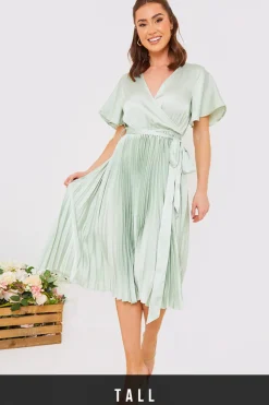Angel Sleeve Pleated Wrap Midi Dress