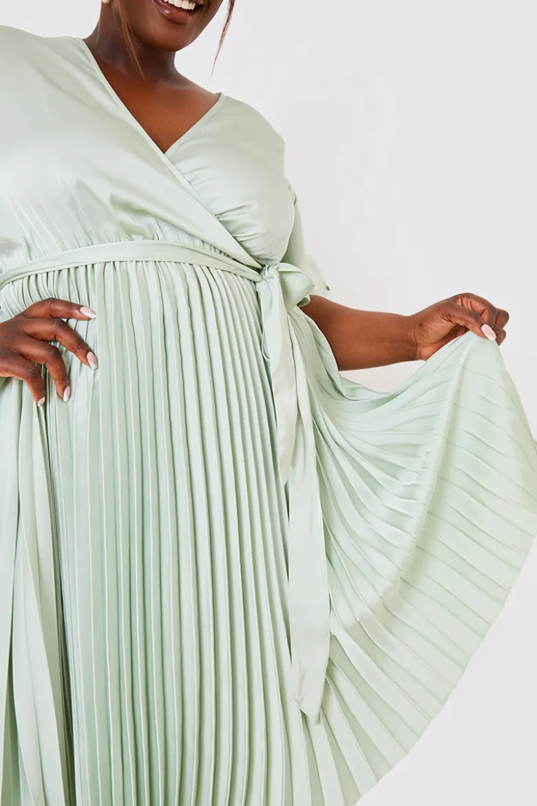Angel Sleeve Pleated Wrap Midi Dress
