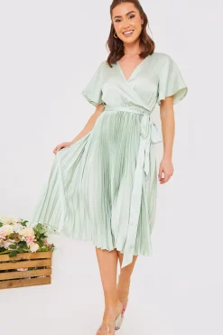 Angel Sleeve Pleated Wrap Midi Dress