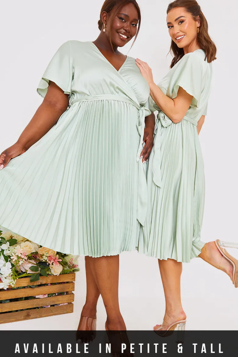 Angel Sleeve Pleated Wrap Midi Dress