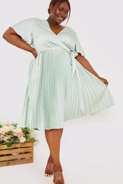 Angel Sleeve Pleated Wrap Midi Dress