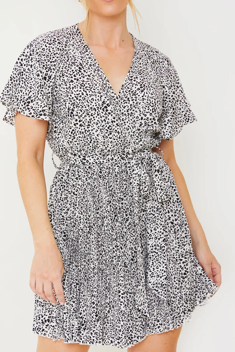 Animal Print Pleated Wrap Mini Dress