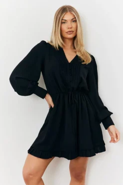 Balloon Sleeve Pintuck Tie Waist Detail Mini Dress