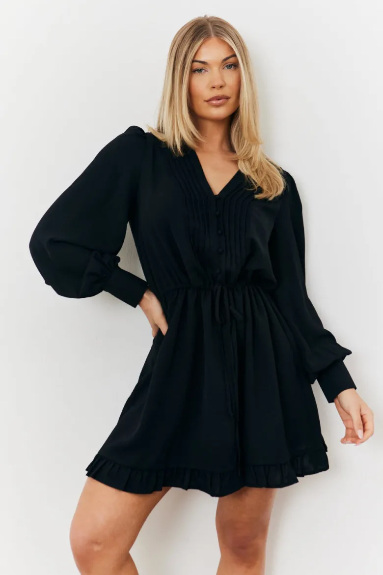 Balloon Sleeve Pintuck Tie Waist Detail Mini Dress