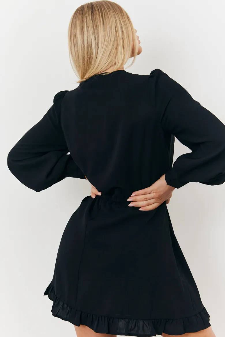 Balloon Sleeve Pintuck Tie Waist Detail Mini Dress