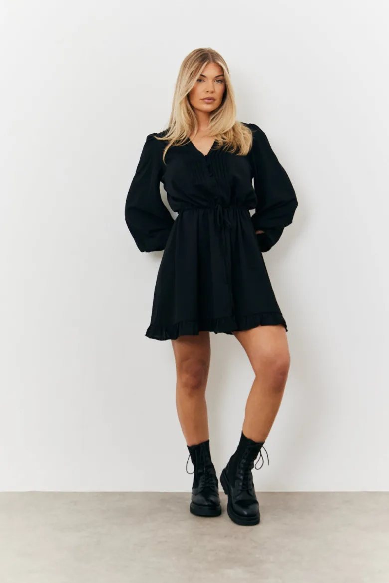 Balloon Sleeve Pintuck Tie Waist Detail Mini Dress