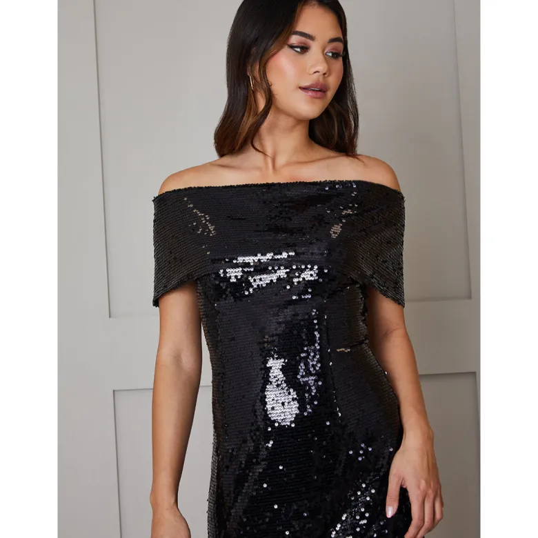 Bardot Sequin Bodycon Midi Dress in Black