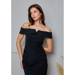 Bardot Split Detail Bodycon Midi Dress in Black
