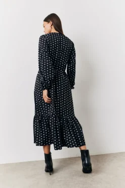 Black and White Polka Dot Frill Detail Midaxi Dress