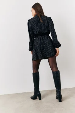 Black and White Polka Dot Mini Dress with Tie Neck