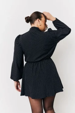Black and White Polka Dot Mini Dress with Tie Neck