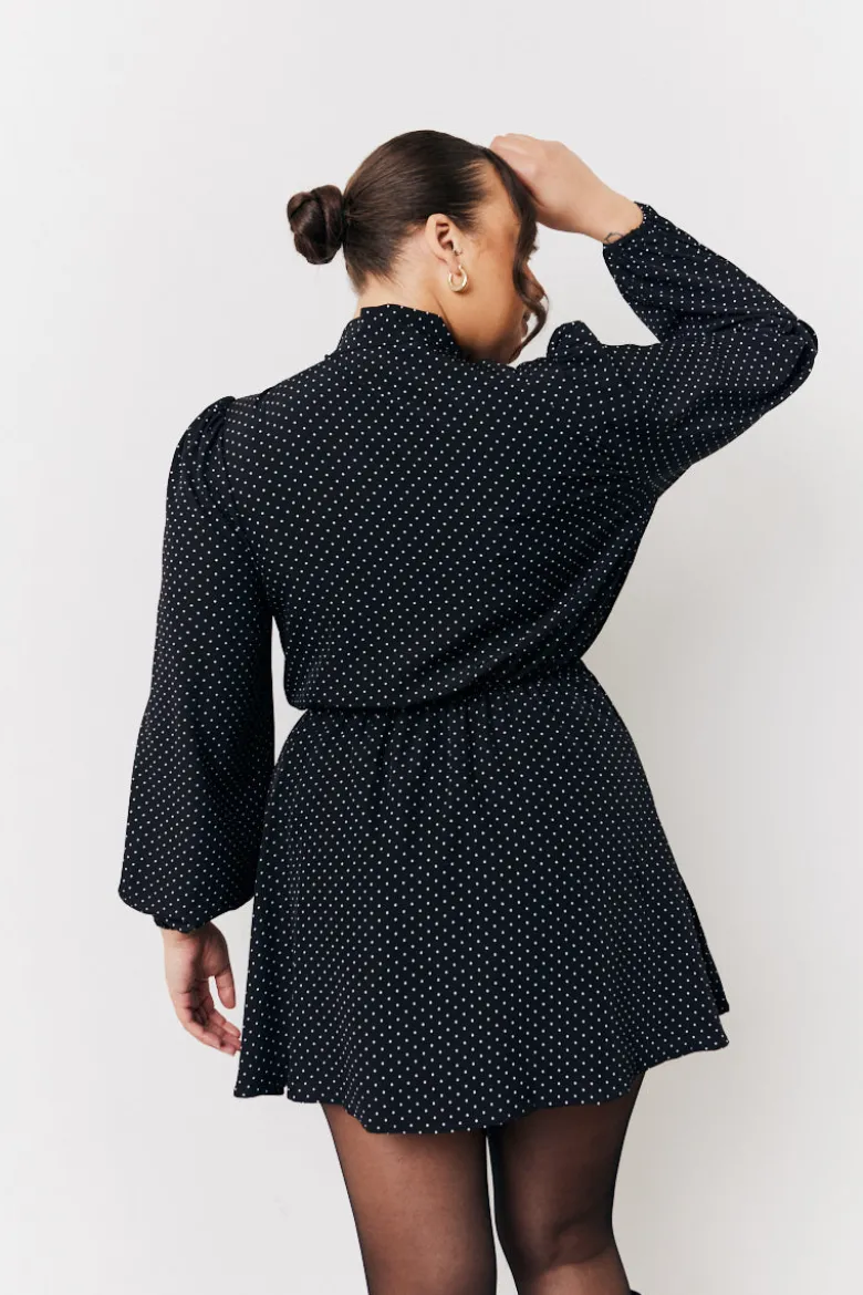 Black and White Polka Dot Mini Dress with Tie Neck
