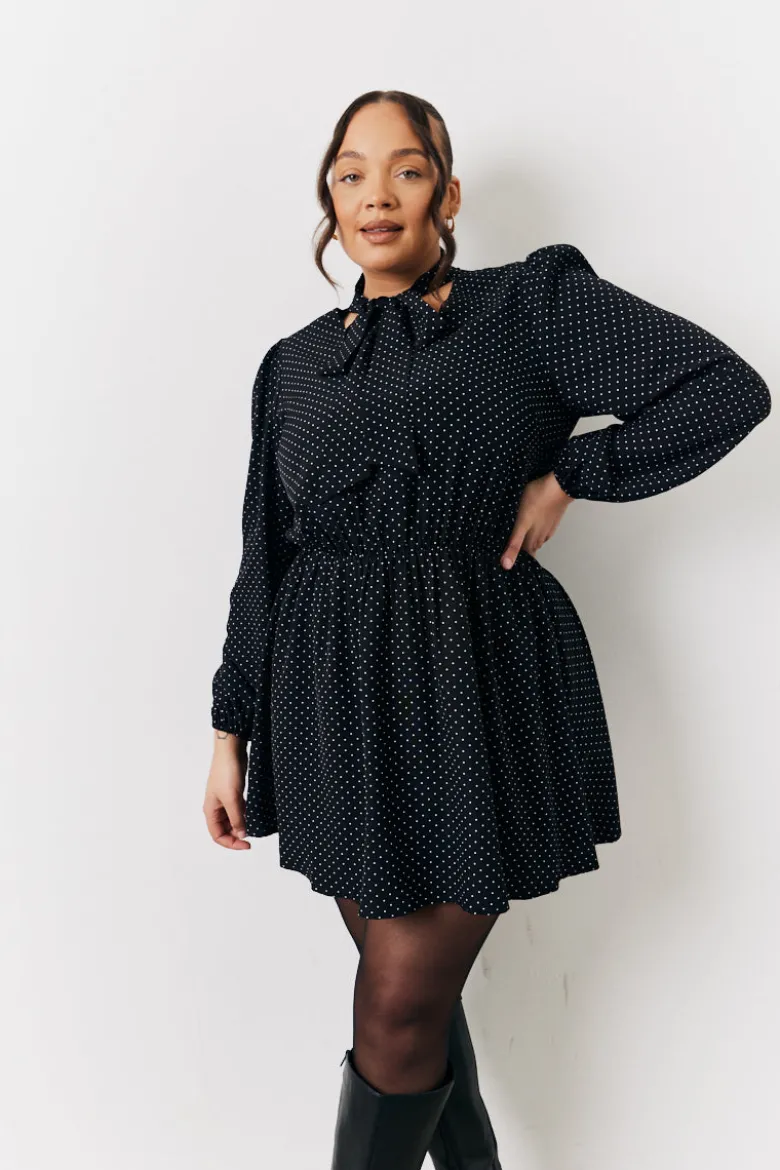 Black and White Polka Dot Mini Dress with Tie Neck