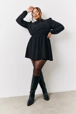 Black and White Polka Dot Mini Dress with Tie Neck