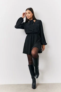 Black and White Polka Dot Mini Dress with Tie Neck