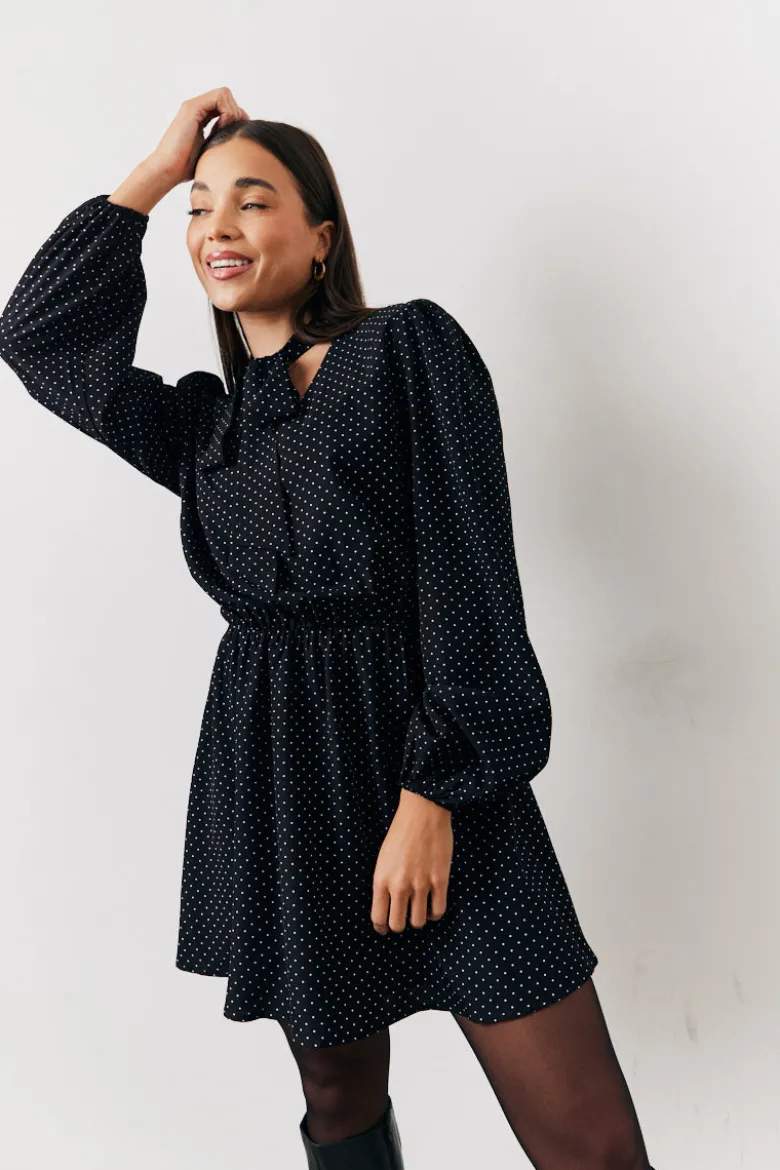 Black and White Polka Dot Mini Dress with Tie Neck