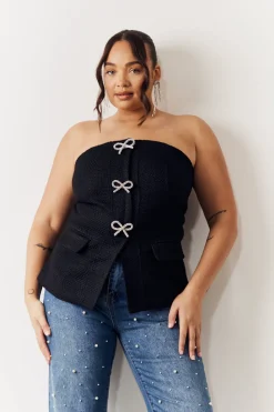 Black Boucle Bow Detail Bandeau Top