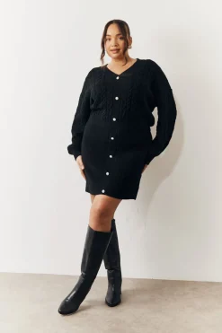 Black Cable Knitted Diamante Button Mini Dress