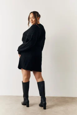 Black Cable Knitted Diamante Button Mini Dress