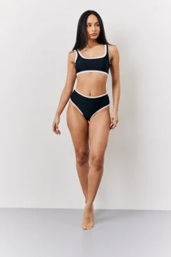Black Contrast Binding High Waist Bikini Bottoms