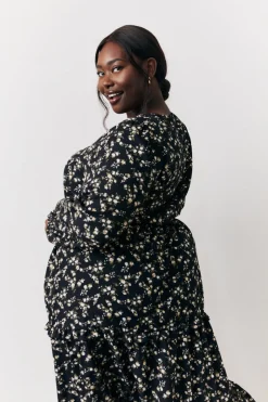 Black Ditsy Floral Printed Wrap Midi Dress
