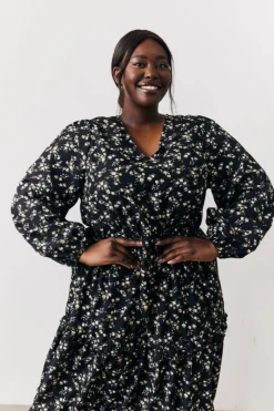 Black Ditsy Floral Printed Wrap Midi Dress