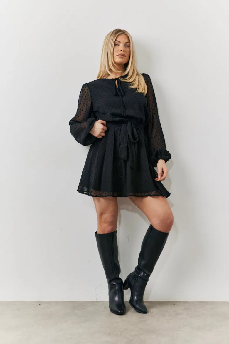 Black Dobby Chiffon Belted Mini Dress