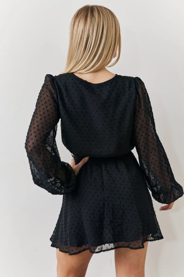 Black Dobby Chiffon Belted Mini Dress