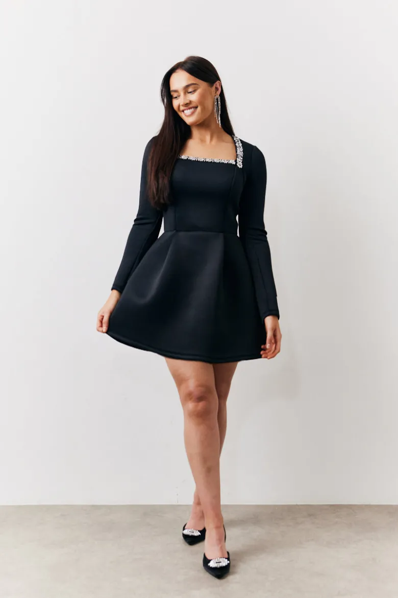 Black Embellished Neckline Black Mini Dress