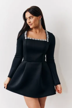 Black Embellished Neckline Black Mini Dress