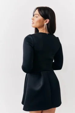 Black Embellished Neckline Black Mini Dress