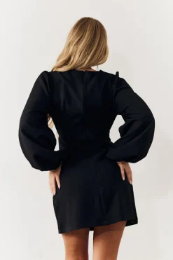 Black Embellished Trim Cut Out Balloon Sleeve Mini Dress