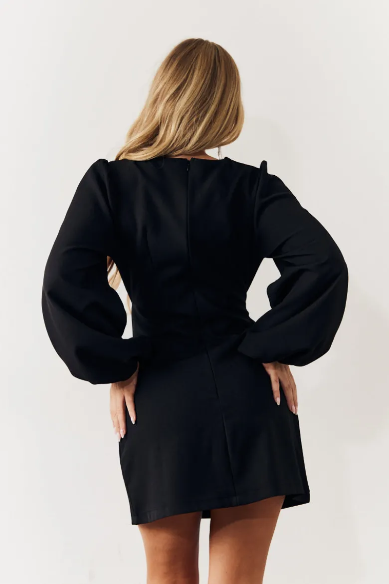 Black Embellished Trim Cut Out Balloon Sleeve Mini Dress