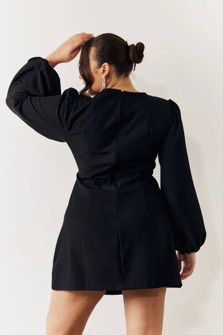 Black Embellished Trim Cut Out Balloon Sleeve Mini Dress