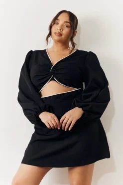 Black Embellished Trim Cut Out Balloon Sleeve Mini Dress