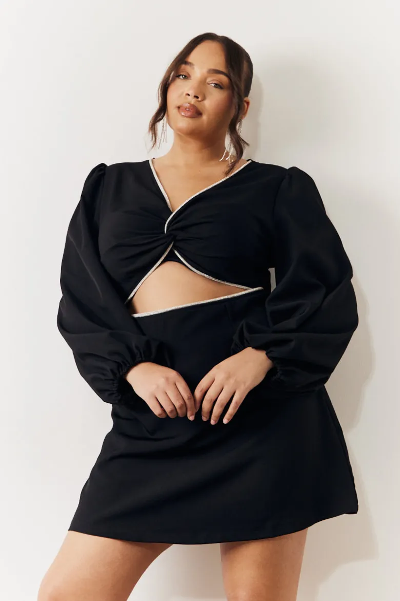 Black Embellished Trim Cut Out Balloon Sleeve Mini Dress