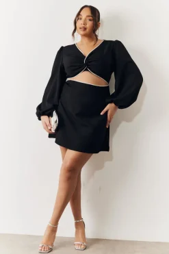 Black Embellished Trim Cut Out Balloon Sleeve Mini Dress