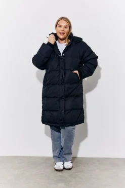 Black Hooded Longline Popper Puffer Coat