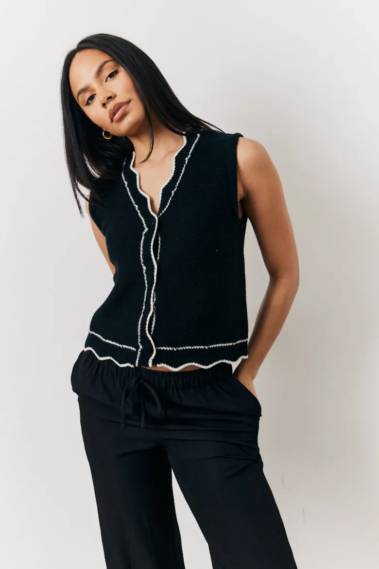 Black Knitted Contrast Scallop Edge Waistcoat