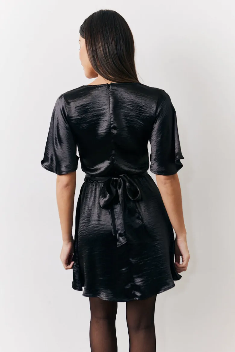 Black Liquid Satin Wrap Front Detail Mini Dress