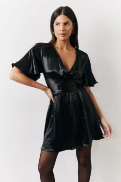 Black Liquid Satin Wrap Front Detail Mini Dress